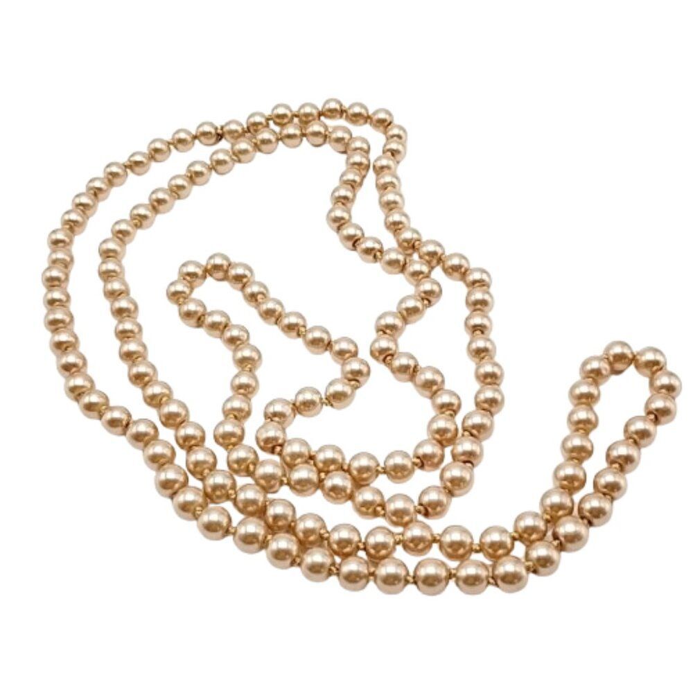 Vintage Long Champagne Faux Pearl Necklace Heavy Hand Knotted Single Strand Bead